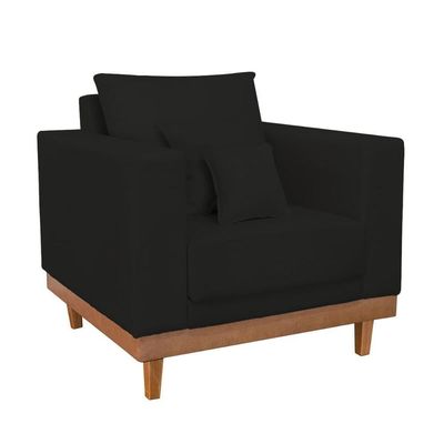 Kit 2 Poltronas Living + Sofá 3 Lugares Base Madeira Suede Preto