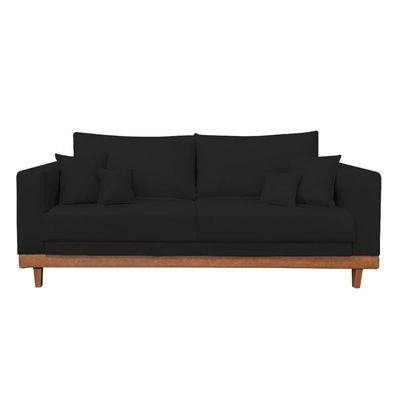 Kit 2 Poltronas Living + Sofá 3 Lugares Base Madeira Suede Preto