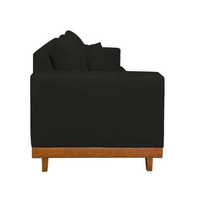 Sofá Living 3 Lugares Linho Resistente Madeira + Almofadas Preto