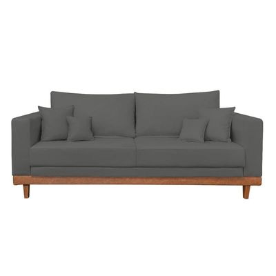 Sofá Living 2 Lugares Suede Resistente Madeira + Almofadas Cinza