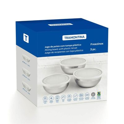 Jogo de Potes Inox 3 Peças Tramontina Freezinox 2,9L 2,2L 1,6L Tampa Plástica Mantimentos