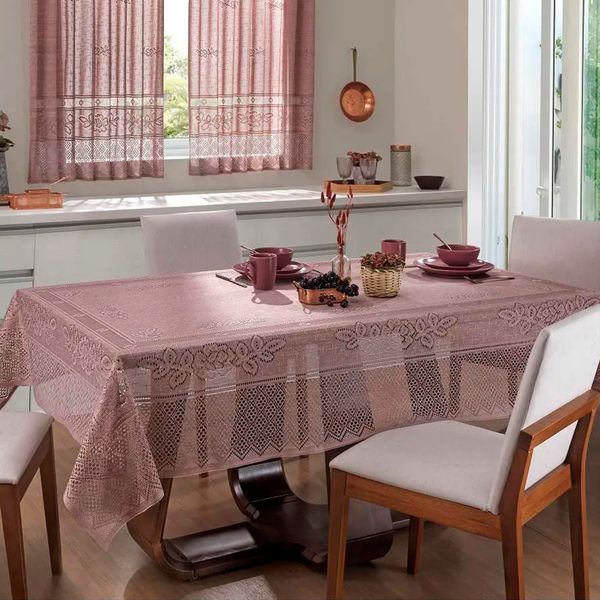 Toalha de Mesa Interlar Renda 100% Poliéster Retangular Color 150m x 220m 6 Lugares Rose