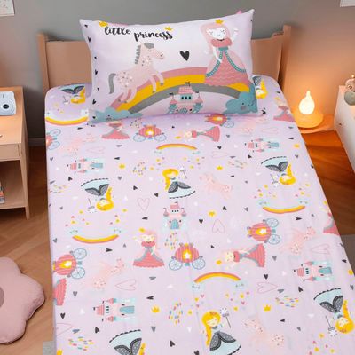 Jogo de Cama Portallar Solteiro Malha Mista 70% Algodão e 30% Poliéster Joy Princesas Magicas 2 peças Rosa