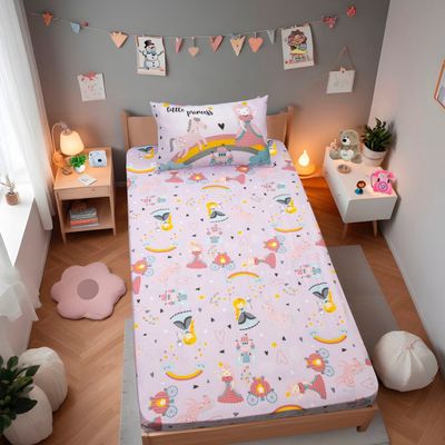 Jogo de Cama Portallar Solteiro Malha Mista 70% Algodão e 30% Poliéster Joy Princesas Magicas 2 peças Rosa