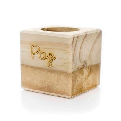 Porta Vela Quadrado De Natal Paz Em Madeira E Dourado 7Cm
