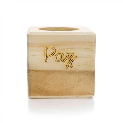 Porta Vela Quadrado De Natal Paz Em Madeira E Dourado 7Cm