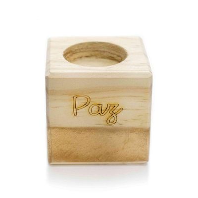 Porta Vela Quadrado De Natal Paz Em Madeira E Dourado 7Cm