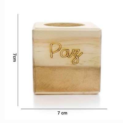 Porta Vela Quadrado De Natal Paz Em Madeira E Dourado 7Cm