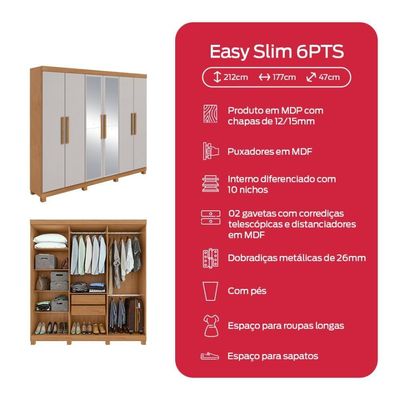 Guarda Roupa Casal 6 Portas Easy Slim Com Espelho E Pés Amendoa/off White