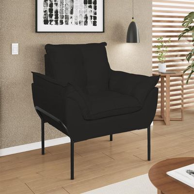 Poltrona Sofá Luxo Base Metal Preto Recepção Escritório Preto