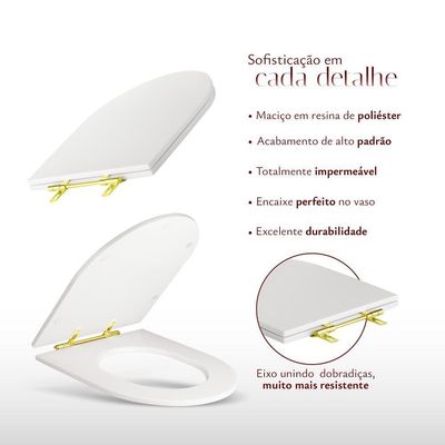 Assento Sanitário Poliéster Antibacteriano Carrara Branco Para Vaso Deca Com Ferragem Dourada