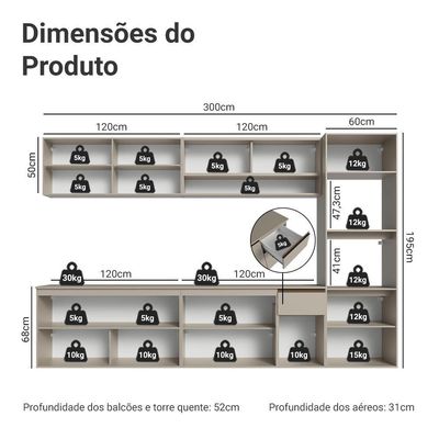 Armário De Cozinha Completa 300 Cm Suspenso Nice Madesa 04 Crema