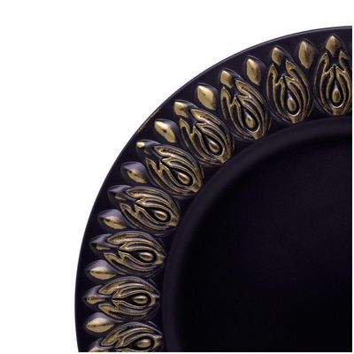 Sousplat Decorativo Preto Flores Em Dourado 33cm