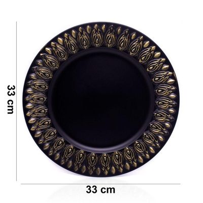 Sousplat Decorativo Preto Flores Em Dourado 33cm