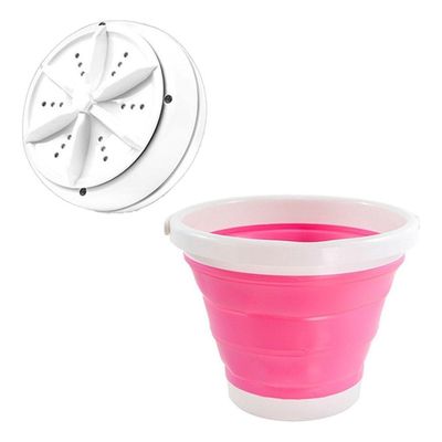 Mini Máquina Lavar Multifuncional Portátil Com Balde Dobrável Rosa
