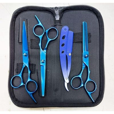 Kit 3 Tesouras Profissionais Fio Navalha Desfiadeira Coloridas Azul