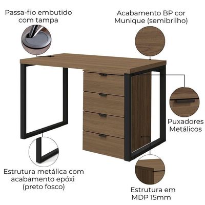 Mesa Escritorio 120 Cm E Gaveteiro 4 Gavetas Frame Kappesberg Munique