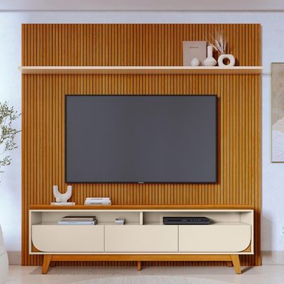 Painel E Bancada Tv 75 Polegadas 245x238 Cm Luna Madetec Cinamomo Off White