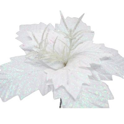 Kit 2 Flores Artificial Gliter Branco Enfeite Natalino 25cm