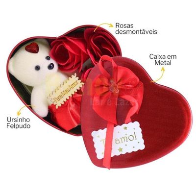 Embalagem Coração Em Lata Com Urso Pelúcia E Rosas Vermelhas