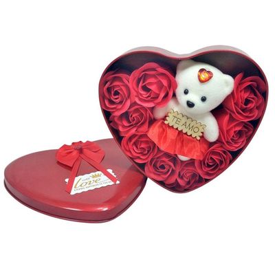 Embalagem Coração Em Lata Com Urso Pelúcia E Rosas Vermelhas