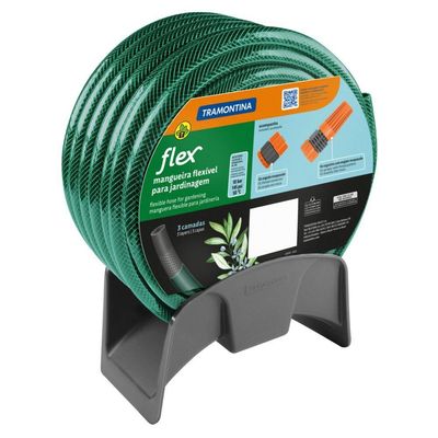 Mangueira Flex Tramontina Verde Em Pvc 3 Camadas 25 M Com Engate Rosqueado, Esguicho E Suporte Mural