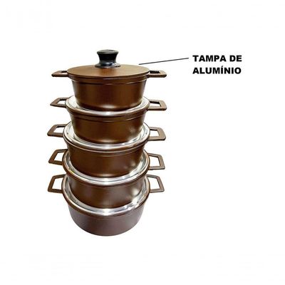 Jogo 5 Panelas Alumínio Batido Fundido Marrom Premium Tampa Pesada