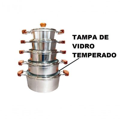 Jogo 5 Panelas Alumínio Batido Fundido Tampa De Vidro Extang