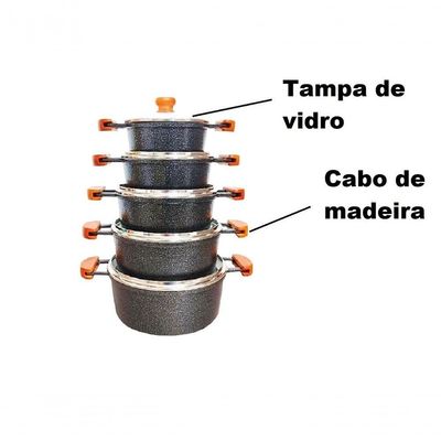 Jogo 5 Panelas Alumínio Batido Fundido Preta Craqueada Tampa De Vidro