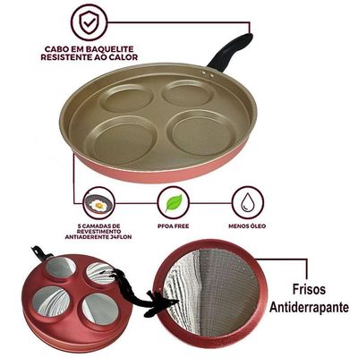 Frigideira 26 Cm 4 Ovos Hambúrguer Tampa De Vidro E Espátula Antiaderente