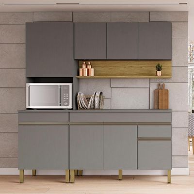 Conjunto De Armarios Modulados Line Com 8 Portas E 1 Gaveta Gris Freijó