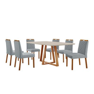 Conjunto Sala De Jantar Mesa Florença 180x90cm Off White Com 6 Cadeiras Dallas Linho Cinza
