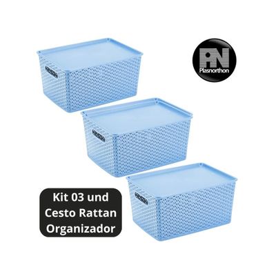 3 Caixas Organizadoras Com Tampa Grande 15 Lts Rattan Azul