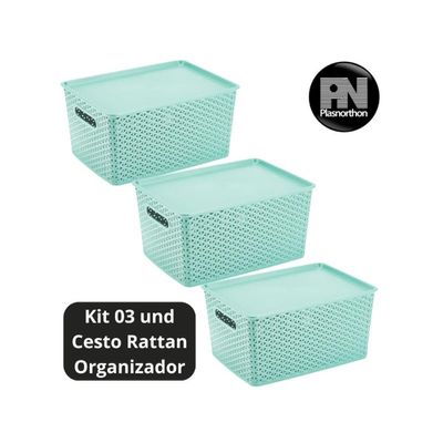 3 Caixas Organizadoras Com Tampa Grande 15 Lts Rattan Verde