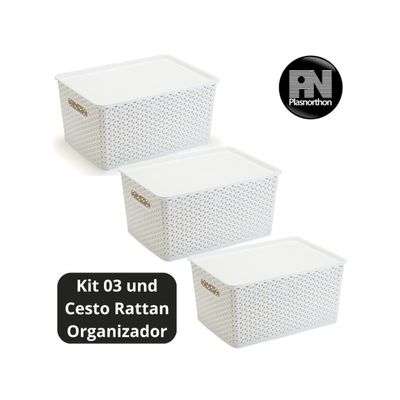 3 Caixas Organizadoras Com Tampa Grande 15 Lts Rattan Branco