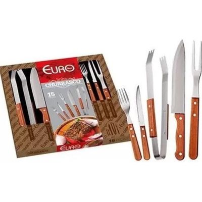 Conjunto Cabo Madeira Para Churrasco 15pçs Euro Home
