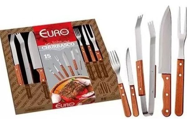 Conjunto Cabo Madeira Para Churrasco 15pçs Euro Home