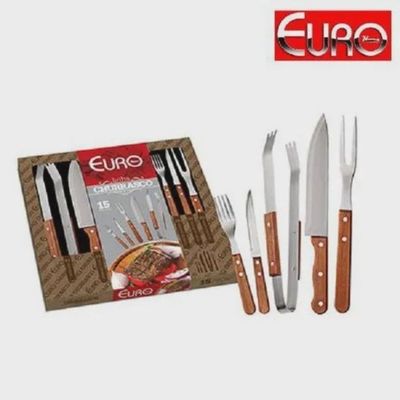 Conjunto Cabo Madeira Para Churrasco 15pçs Euro Home