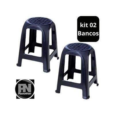 02 Banco Banqueta Plástico Preto Plasnorthon 46 Cm Cor Preta
