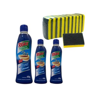 03 Un Saponaceo Reax 400g + 10 Esponja Dupla Face Bettanin