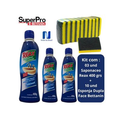 03 Un Saponaceo Reax 400g + 10 Esponja Dupla Face Bettanin