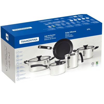Jogo de Panelas Tramontina Solar 5 Peças Aço Inox Fundo Tripo Cabo Silicone Caçarolas
