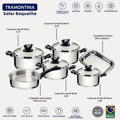 Jogo de 6 Panelas Tramontina Solar Aço Inox Fundo Triplo Baquelite Cabos