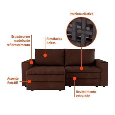 Sofá 3 Lugares Retrátil Berna Suede Marrom 210 cm