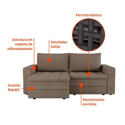 Sofá 3 Lugares Retrátil Berna Linho Bege 210 cm