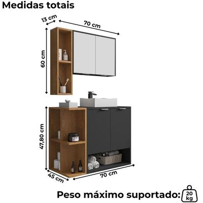 Gabinete Espelheira E Cuba Branca 70 Cm Ibiza Bechara Preto Fosco Naturalle