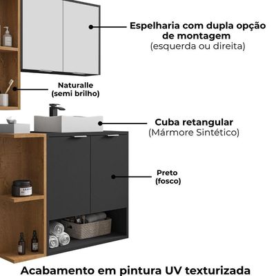 Gabinete Espelheira E Cuba Branca 70 Cm Ibiza Bechara Preto Fosco Naturalle