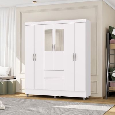 Guarda Roupa Casal 6 Portas 2 Gavetas Espelho 153 Cm Vlr Branco Camarim