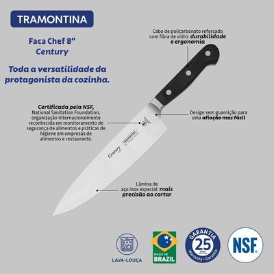 Faca Chef Tramontina Century Lâmina Aço Inox E Cabo Policarbonato E Fibra De Vidro 8 Tramontina