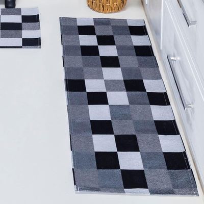 Kit Passadeira Tapete Cozinha 3 Peças Jacquard Base Antiderrapante - Tabuleiro Preto E Branco